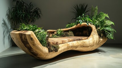 Nature's Embrace: A Unique Wooden Bench with Integrated Planters
