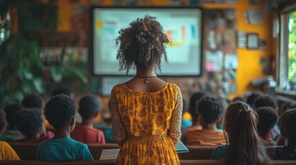 Teacher Using Technology in Vibrant Classroom with Students Engaged in Learning