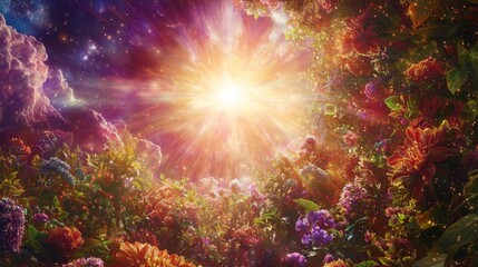 Vibrant Burst of Light in a Lush Floral Landscape with Cosmic Elements Surrounding the Scene