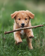 A playful puppy carrying a stick, bounding through a field of tall grass