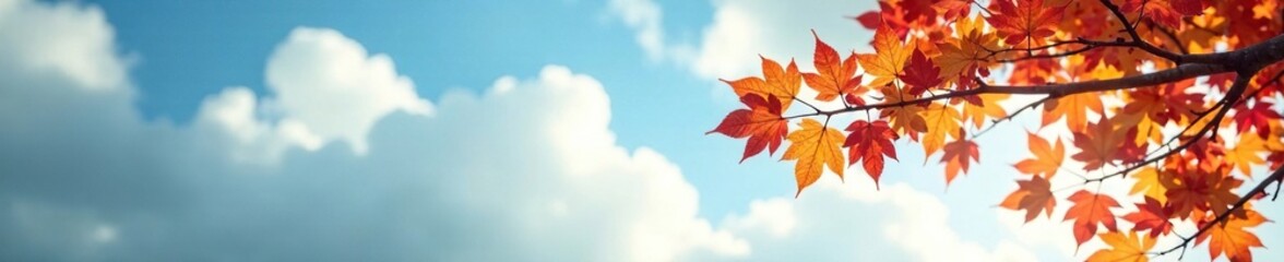 Fototapeta premium Soft focus of plane tree branches with colorful leaves against a cloudy blue sky, softfocus, clouds, autumn