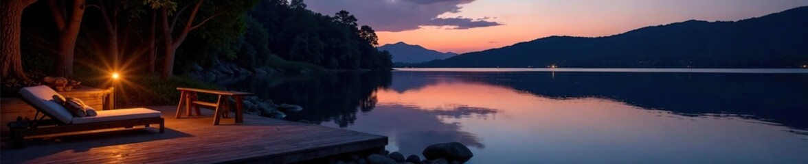 Fototapeta premium Softly glowing patio light illuminates serene lake waters at dusk, calm, twilight, peaceful