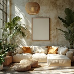 Cozy Contemporary Living Room with Beige Sofa and Blank Frame for Interior Design Mockup