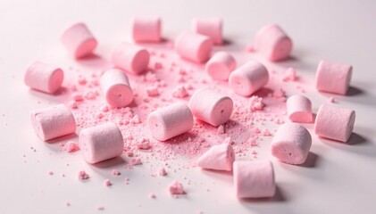 Soft pink fluffy air marshmallows scattered on a white surface, pink, messy, marshmallow