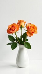 Fototapeta premium Three orange roses in a vase on a minimalist white wall, modern, container, elegant