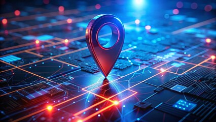 Futuristic AI Map Pin Location: Glowing Blue and Red Tech Background Stock Photo