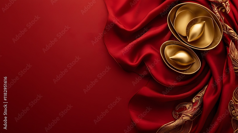 Poster a richly textured backdrop of red satin and opulent gold fabric featuring intricate patterns embroid