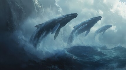 A pod of whales breaching the ocean surface, with mist rising as they exhale