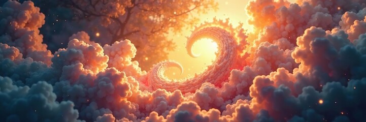 Fototapeta premium Whirling clouds of vapor entwine radiant golden circle, swirling, entwine