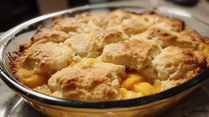 Homemade peach cobbler with a biscuit topping
