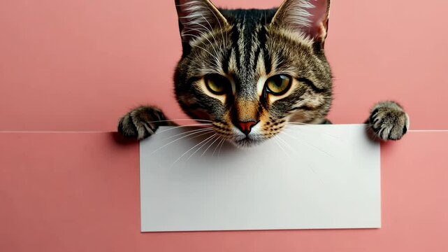 Cat holding blank sign against pink backdrop, perfect for personalized messages or announcements