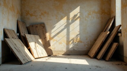 Sunlit Room with Stacked Wooden Planks Against a Weathered Wall
