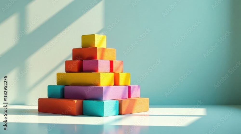 Poster Colorful Wooden Blocks Arranged in a Pyramid Shape Against a Light Teal Background