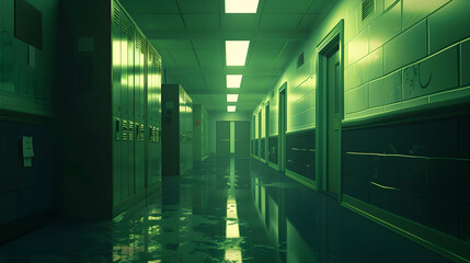 Empty school hallway with lockers and green lighting.