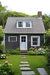 This delightful cottage is nestled in a peaceful residential area, adorned by a vibrant garden filled with blooming hydrangeas, perfect for a sunny day retreat