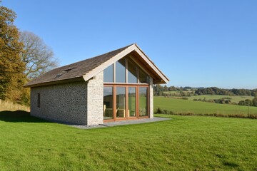 Obraz premium Nestled in a tranquil landscape, this modern stone cottage is surrounded by expansive open fields and features a stunning view of the clear blue skies during the day