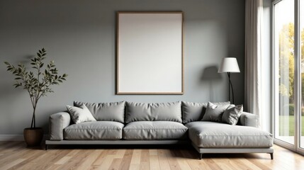 Modern Sectional Sofa in Minimalist Living Room with Blank Canvas for Artwork and Natural Light