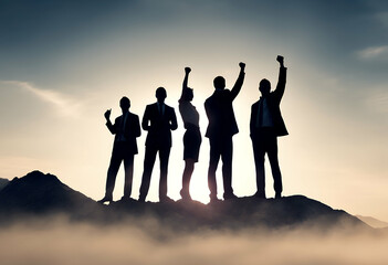 top mountain silhouette business leadership concept show team arm success successful jump businessman corporate succeed trail challenge fog sport climber sunlight rock nature