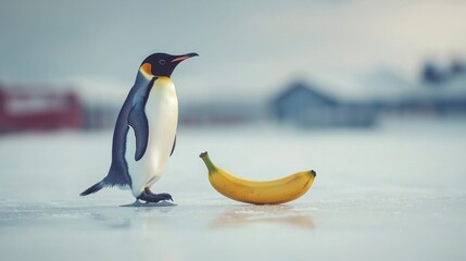 Obraz premium King Penguin on Icy Terrain with Banana Antarctic Wildlife Scene