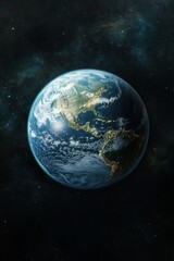 Fototapeta premium A realistic depiction of Earth from space, with continents illuminated by city lights