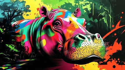 Colorful Hippo in a Vibrant Forest Scene