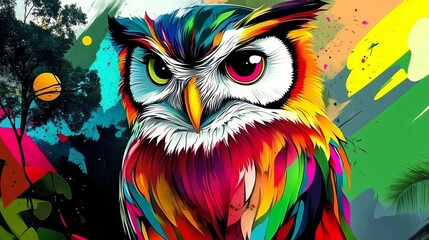 Colorful Owl in a Vivid Jungle Landscape