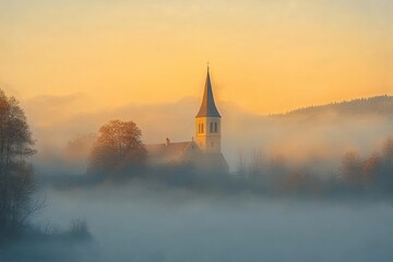 Obraz premium Misty Autumn Morning Church Tower Serene Landscape Fog Sunrise Rural Tranquility