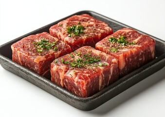 Hyper-Realistic Close-Up of Raw Beef Meat Tray with Intricate Marbling Details and Bright Studio Lighting