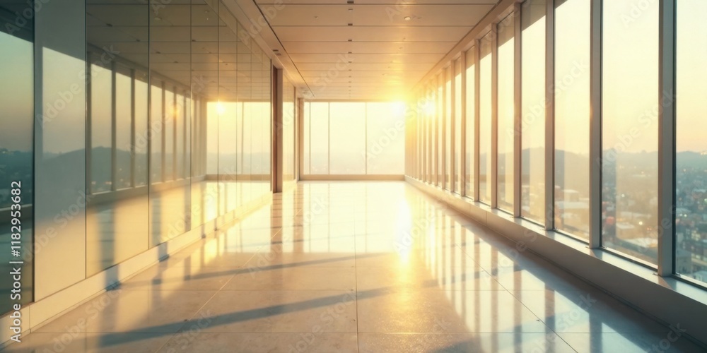 Poster sunlit modern office corridor with expansive window views