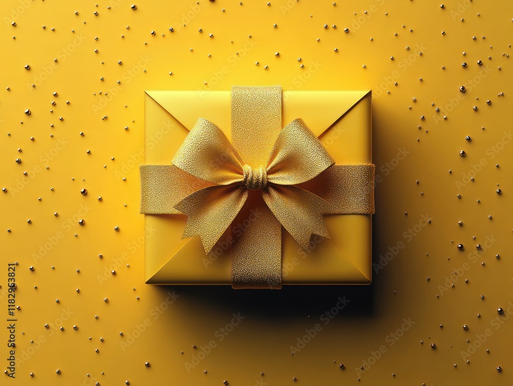 Poster top view of glossy yellow gift box with intricate ribbon bow open isolated on white background soft 