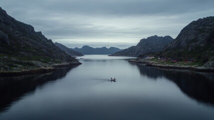Serene Fjord Landscape with Small Boat and Mountains