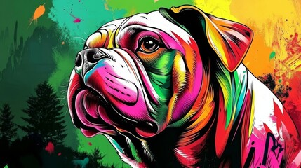 Vivid Colorful Dog Portrait in Forest Background