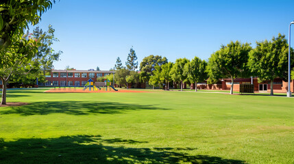 Obraz premium Empty school playground with green lawn and trees on sunny day.