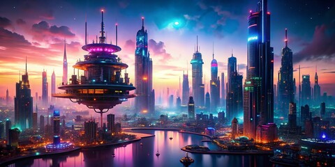 Fototapeta premium Futuristic Flying City Neon Lights Wallpaper - Sci-Fi Cityscape Background