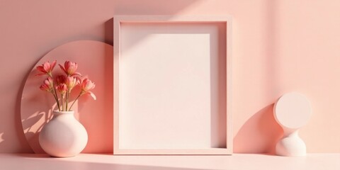 Fototapeta premium Pastel Pink Aesthetic Empty Frame Mockup with Flowers and Minimalist Decor
