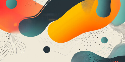 A vibrant abstract composition with flowing, organic shapes in shades of yellow, orange, and blue on a textured, off-white background.
