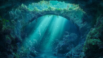 Ethereal Underwater Cave with Sunlight Beaming Through Water, Lush Greenery and Serenity Captured in Nature's Embrace