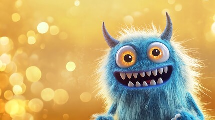 Obraz premium Little monster learning to make silly faceson golden background
