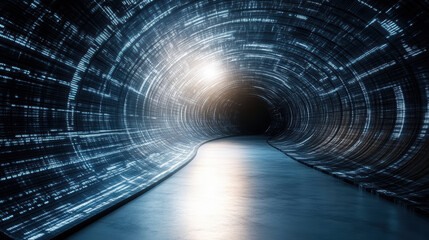 futuristic tunnel with flowing data streams and glowing lights