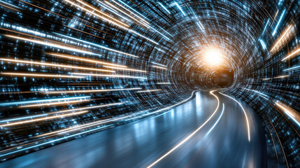 Dynamic light trails create sense of speed and connection in tunnel