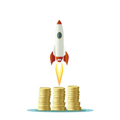 illustration of a rocket launching from stacked gold coins