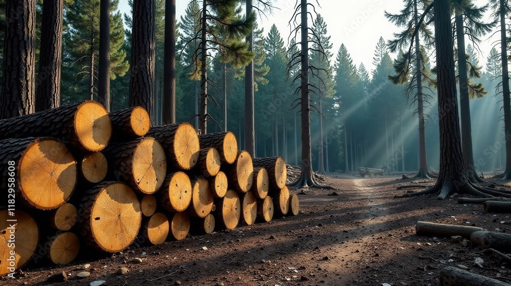 Poster sunbeams illuminate a stack of freshly cut logs in a pine forest