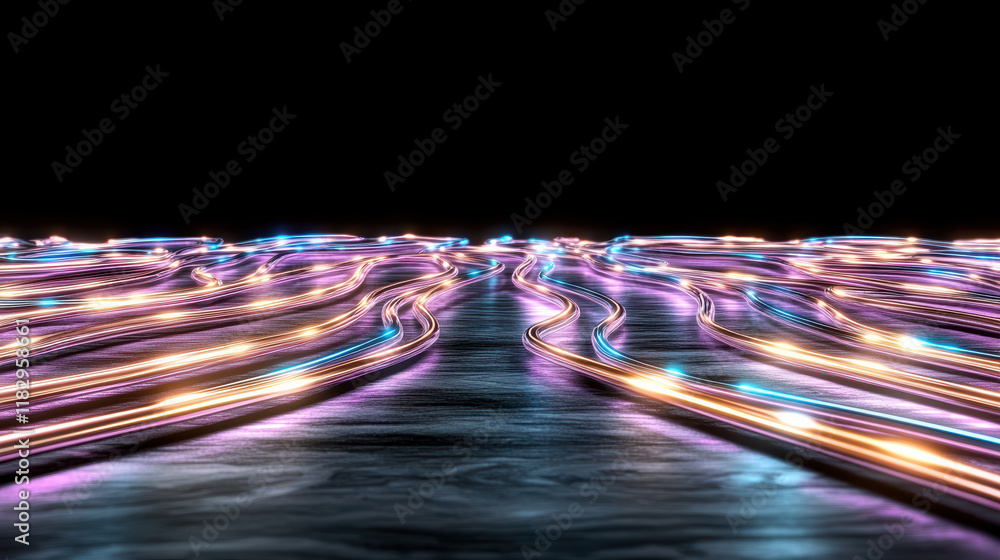 Poster colorful abstract lines representing data flow on dark background