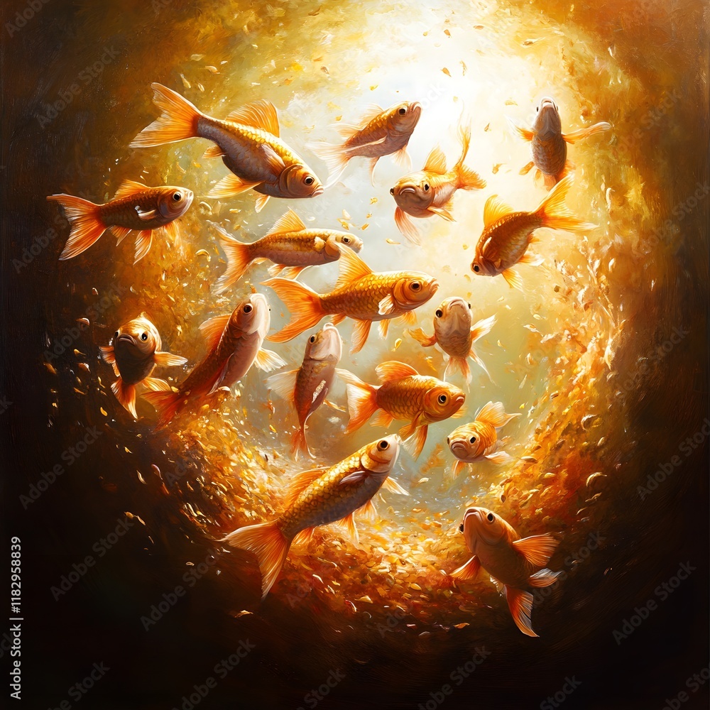 Poster mesmerizing school of shimmering iridescent goldfish and koi swimming in an otherworldly luminous un