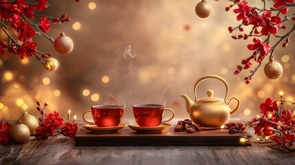 Fototapeta premium Cozy winter wonderland scene featuring a traditional teapot and cups on a wooden tray decorated with sparkling red berries branches and a warm glowing atmosphere