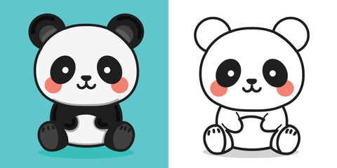 A cartoon baby panda doll illustration for coloring book element or design element