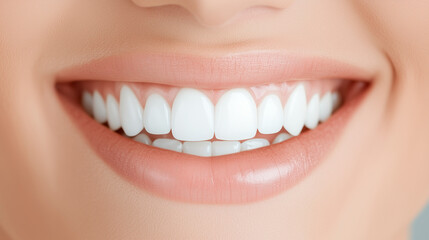 Obraz premium Close-up of a perfect white smile with healthy teeth and lips, symbolizing dental care, beauty, and oral hygiene.