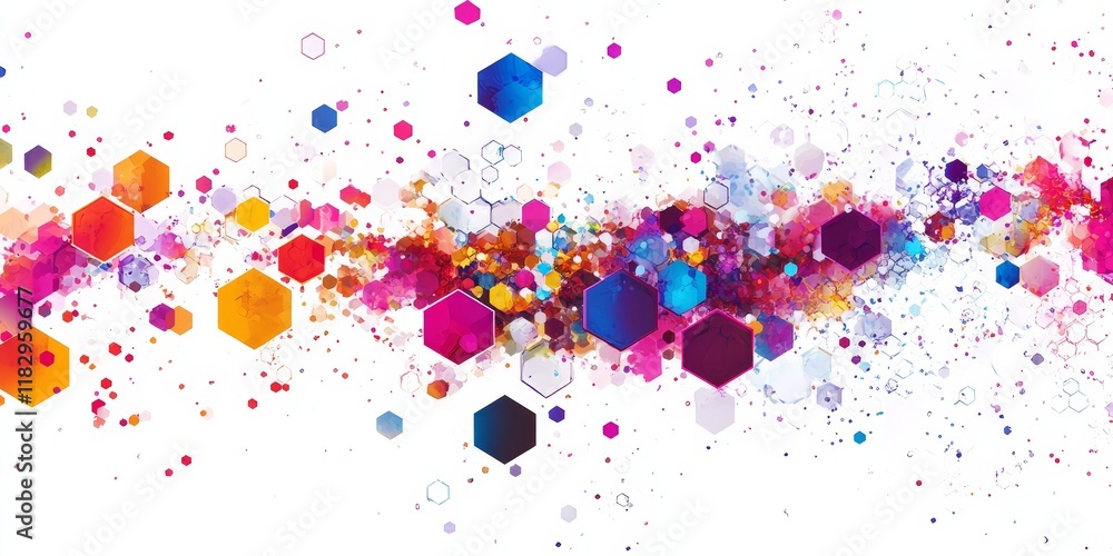 Poster abstract colorful hexagons and dots pattern on white background.