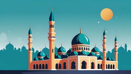 Majestic mosque with grand domes and tall minarets illuminated by sunlight on a clear blue sky. Islamic architecture concept
