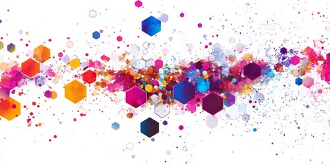 Abstract colorful hexagons and dots pattern on white background.